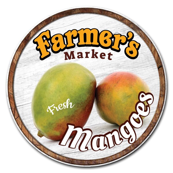 Corrugated Plastic Sign With Stakes 24in Circular-Farmers Market Mangoes, C-24-CIR-WS-Mangoes